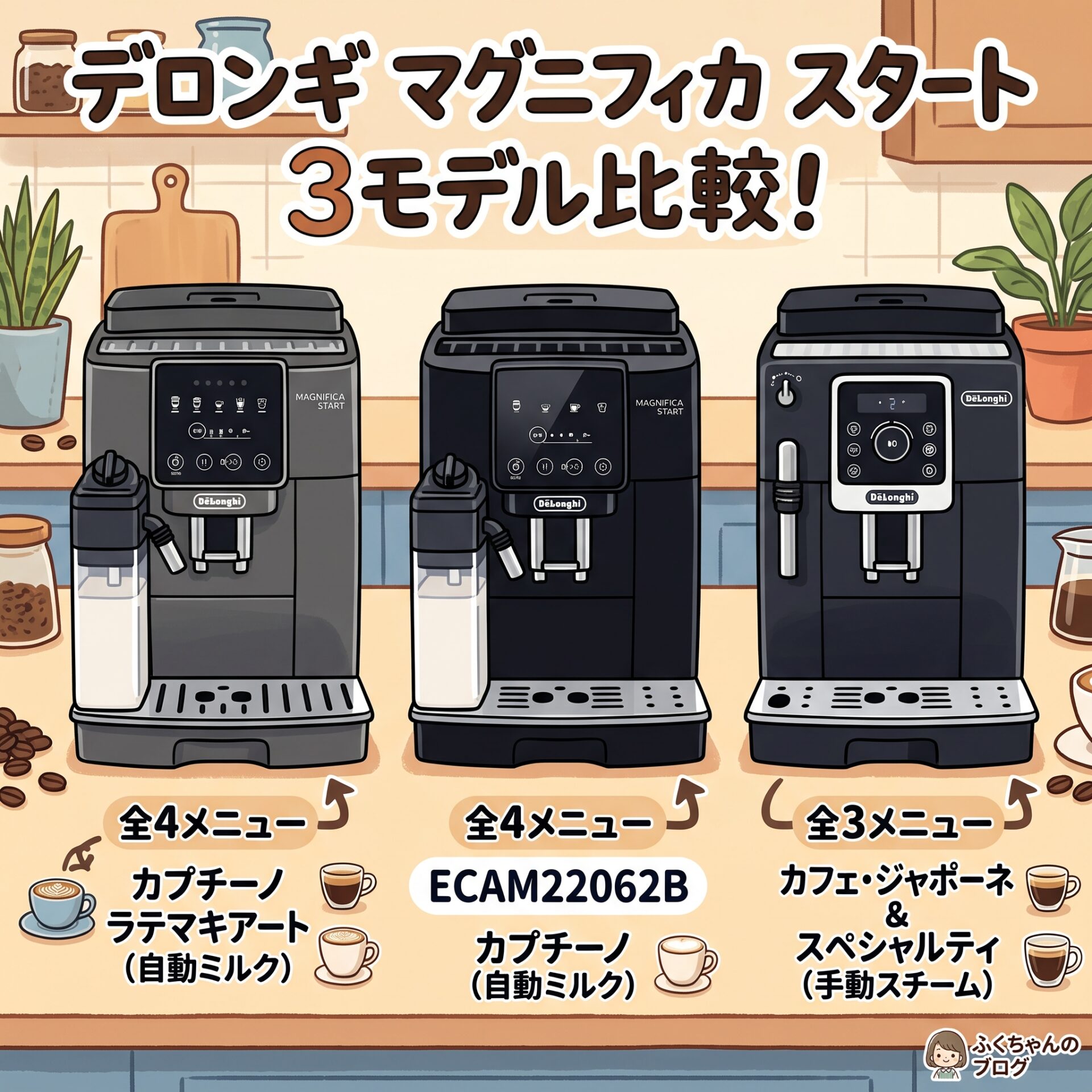 マグニフィカ スタートの違いを比較！自動ラテ・白が選べるおすすめは？（ECAM22080GB/22062/22020）